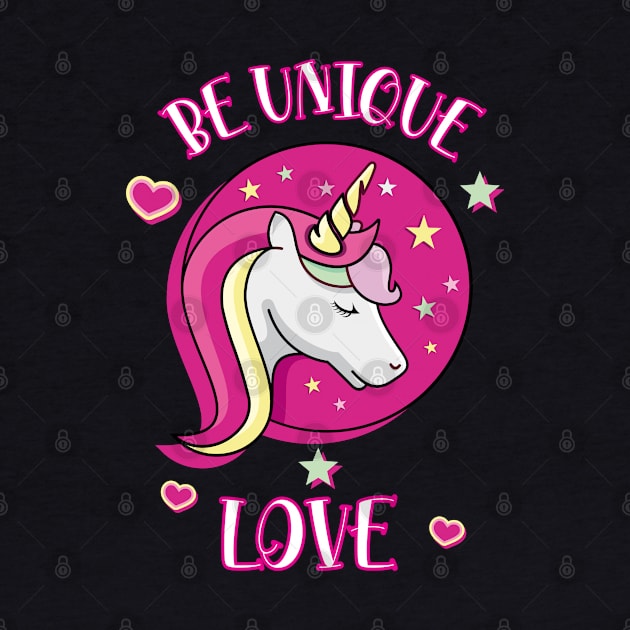 Be Unique Love Beautiful Unicorn Head With Stars And Hearts Pink by teezeedy